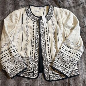 Chicos Jacket Womens Long Sleeve Cream Black Embellished Artisan Tweed Open L2